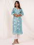 Janasya Women's Light Blue Pure Cotton Embroidered Straight Kurta